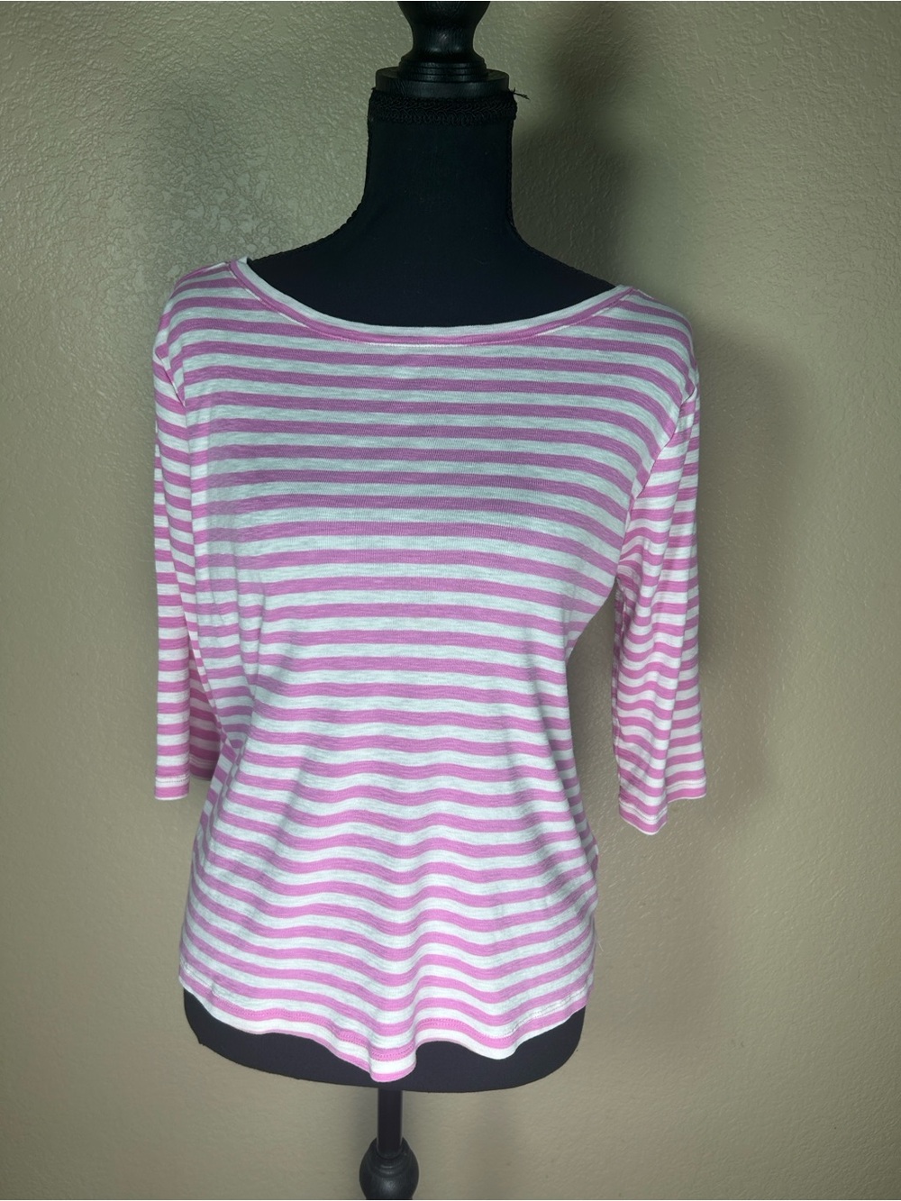 NZT by NIC+ZOE Pink White Striped Boat Neck Top 3/4 Sleeve